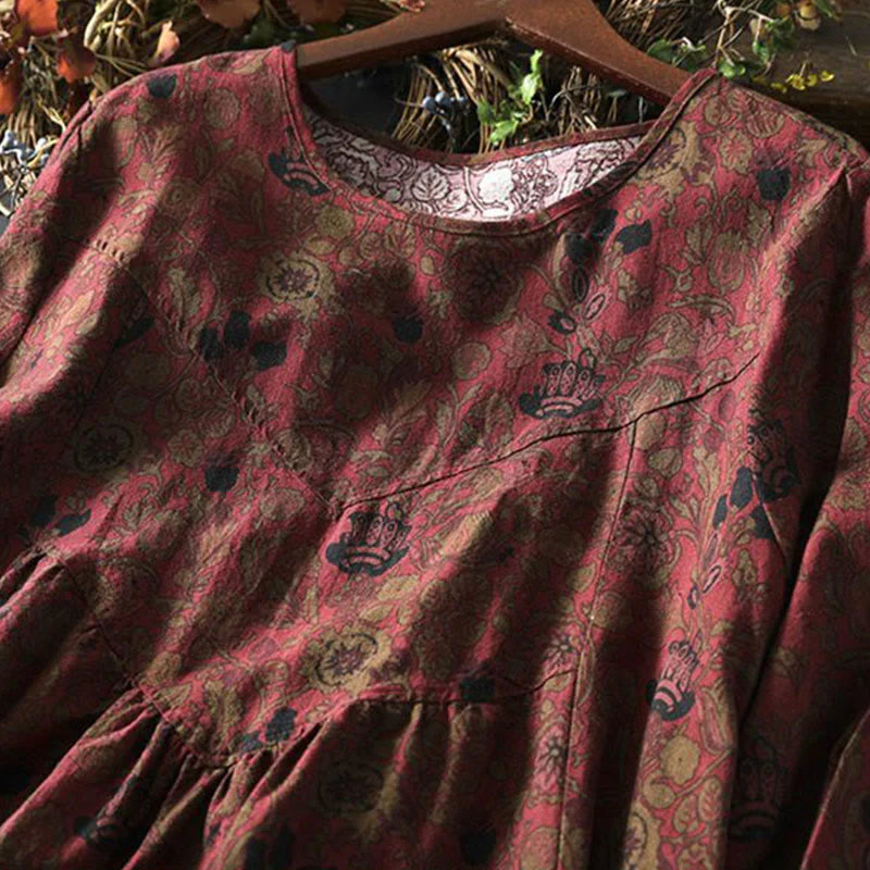Buddha Stones Retro Floral Pattern A-line Design Long Sleeve Women's Cotton Maxi Dress