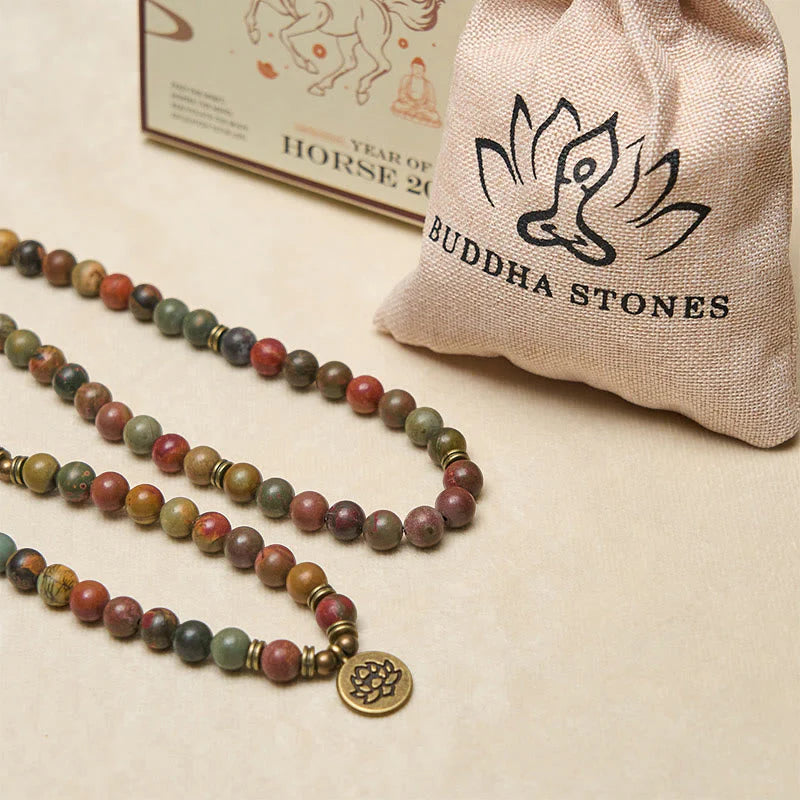 Buddha Stones Retro Lotus Symbol Charm Round Bead Red Turquoise Warm Mala