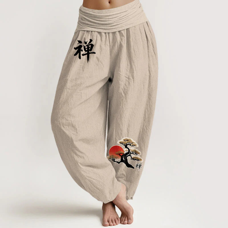Buddha Stones Pure Cotton Simple Style Sun Pine Chinese Character Pattern Women's Elastic Waist Harem Pants