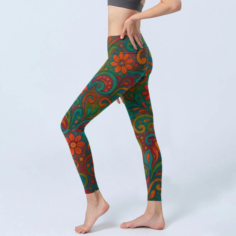 Buddha Stones Vibrant Swirling Florals Paisley Print Gym Leggings Women's Yoga Pants
