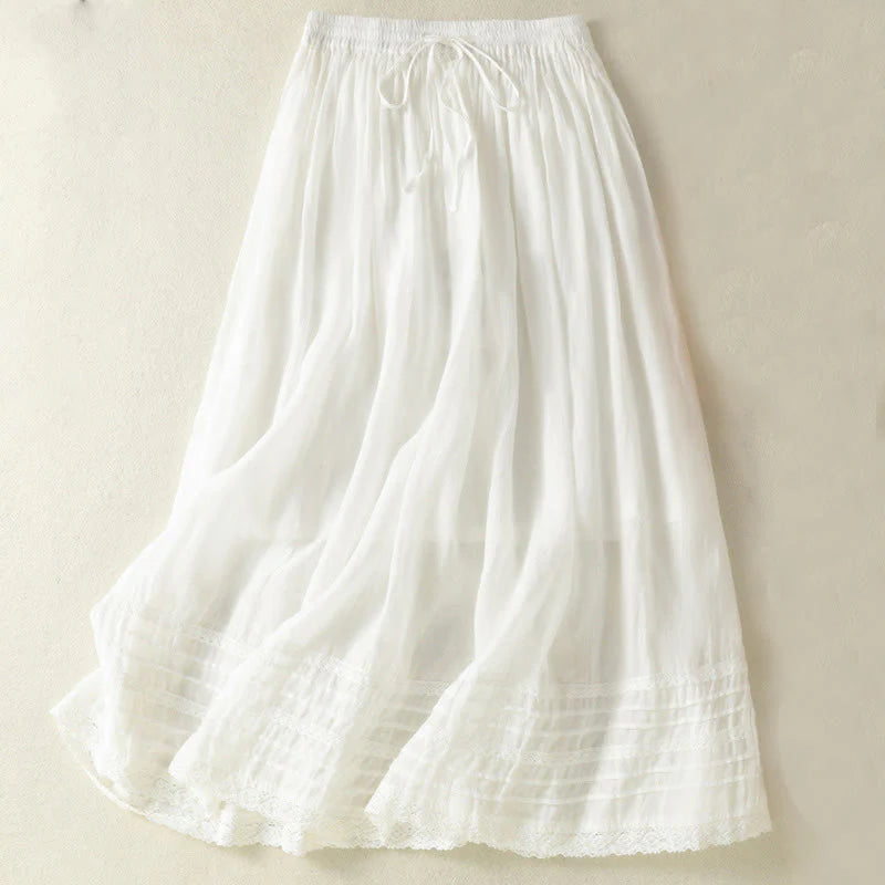 Buddha Stones Summer Plain Drawstring Lace Patchwork Design Women's Cotton Linen 7-8 Length Skirt
