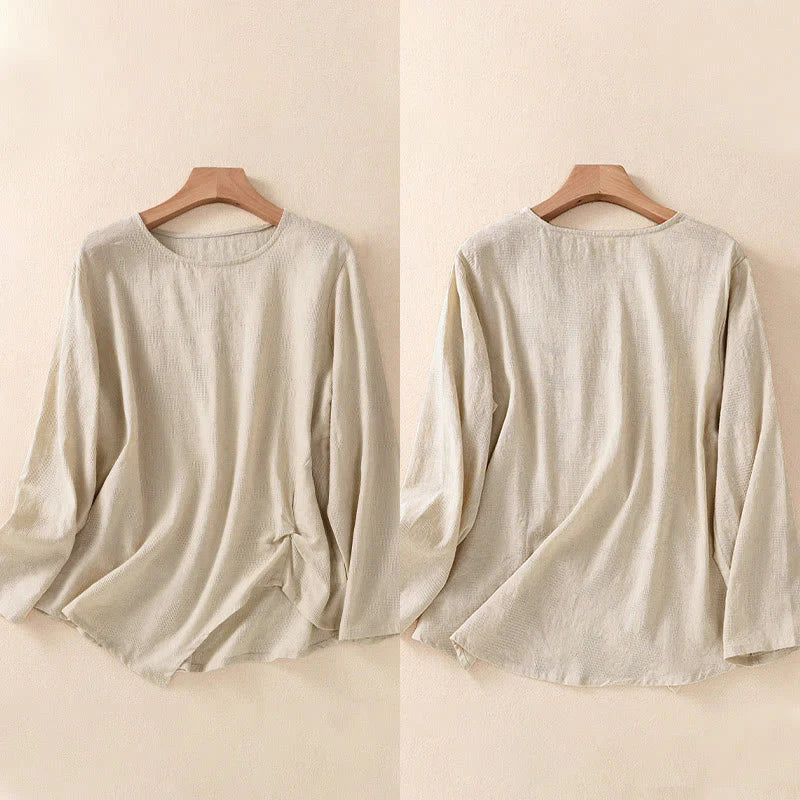 Buddha Stones Jacquard Irregular Hem Pleated Design Women's Cotton Long Sleeve Shirt