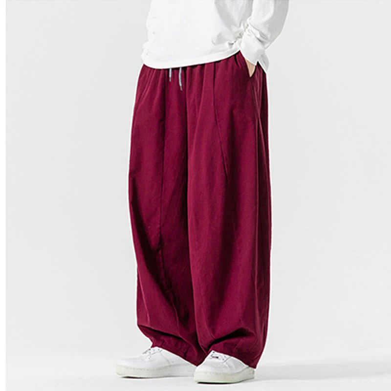 Buddha Stones Winter Commute Plain Drawstring Design Men's Wide Leg Cotton Pants With Pockets