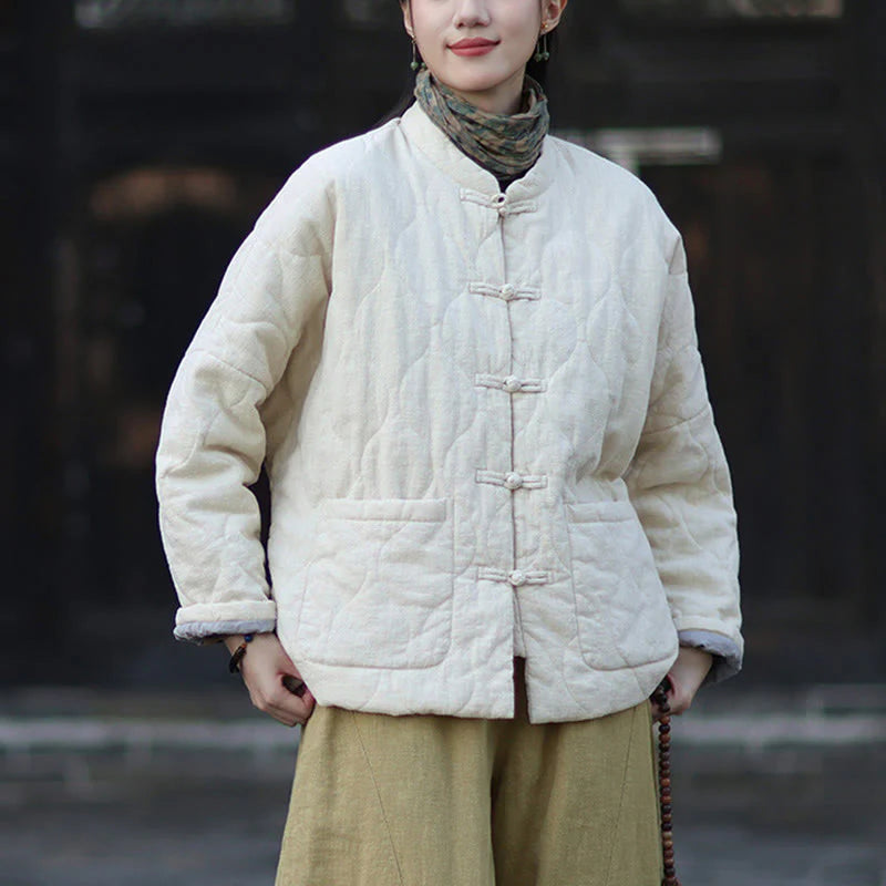 Buddha Stones Winter Curved Lines Frog-Button Ramie Cotton Long Sleeve Women's Thermal Jacket With Pockets