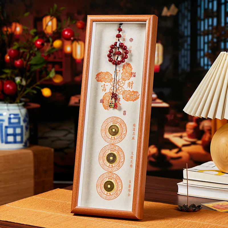 Buddha Stones Copper Coins Cinnabar Attract Fortune Blessing Photo Frame Ornament Home Decor