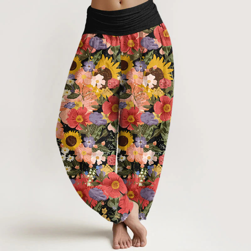 Buddha Stones Pure Cotton Colorful Sunflower Daisy Small Red Purple Flowers Pattern Women's Elastic Waist Harem Pants