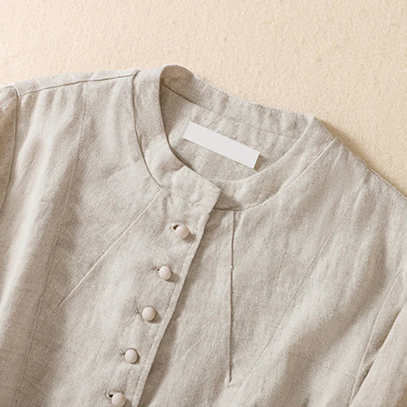 Buddha Stones Women's Cotton Linen Stand Collar Long Sleeve Shirt With Pockets