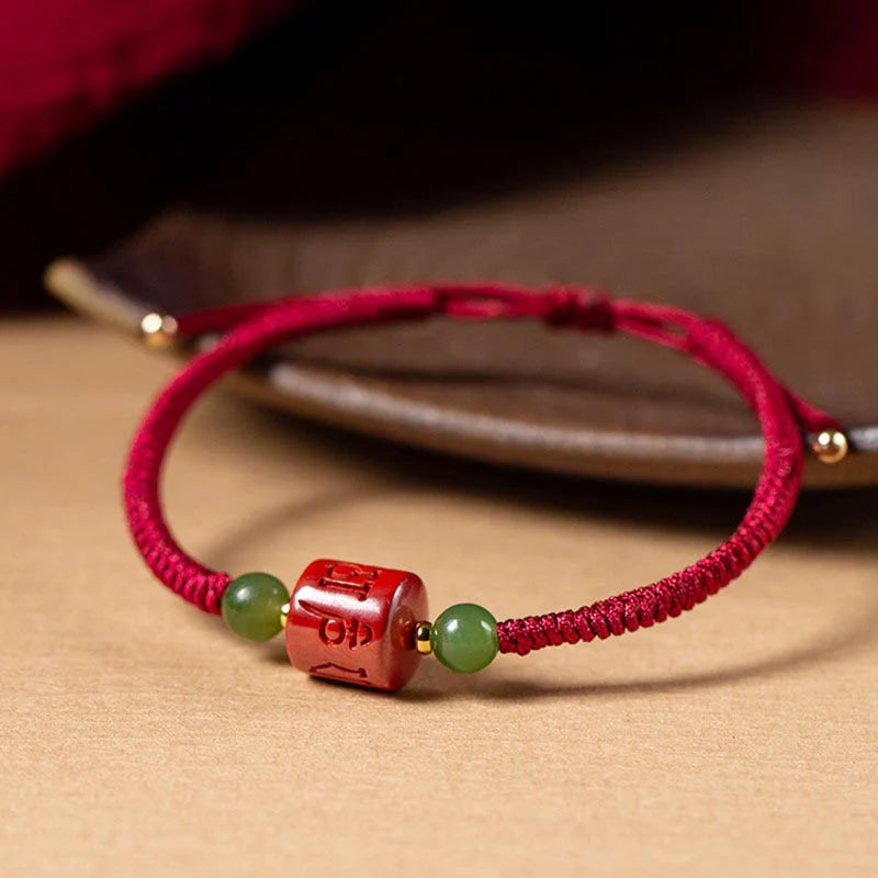 Buddha Stones Tibetan Cinnabar Om Mani Padme Hum Engraved Blessing Braided Rope Bracelet
