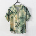 Buddha Stones Cotton Bamboo Pattern Men's Short Sleeve Half Button Shirt