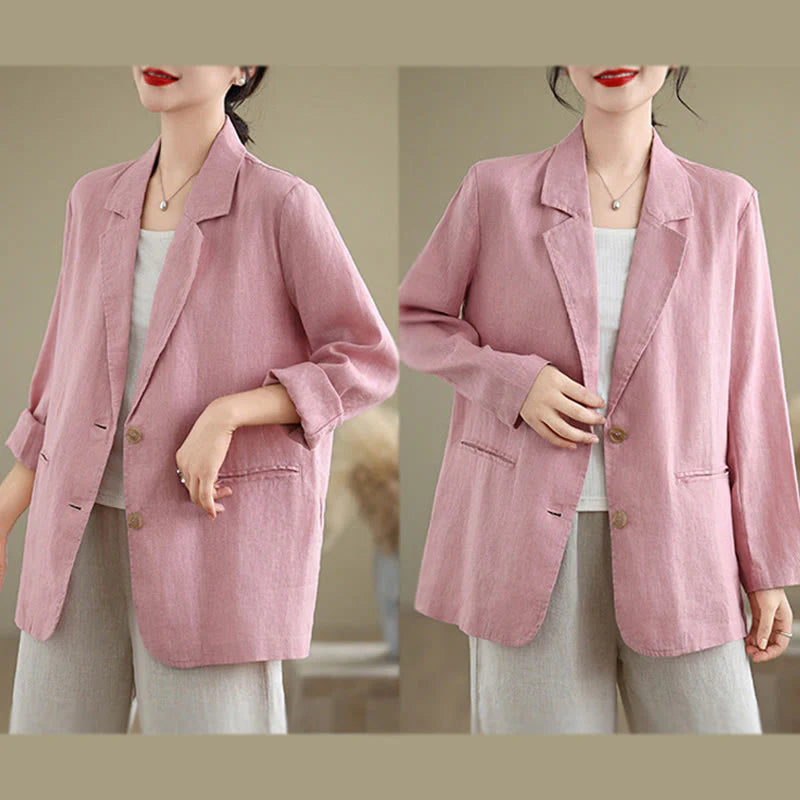 Buddha Stones Spring Solid Color Long Sleeve Cotton Linen Women's Jacket With Pockets