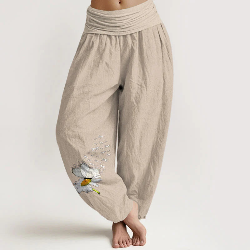 Buddha Stones Pure Cotton Elegant Daisy Butterfly Dragonfly Pattern Women's Elastic Waist Harem Pants