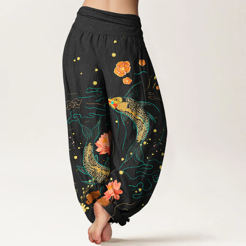 Buddha Stones Koi Fish Lotus Pattern Women's Elastic Waist Harem Pure Cotton Printed Pants