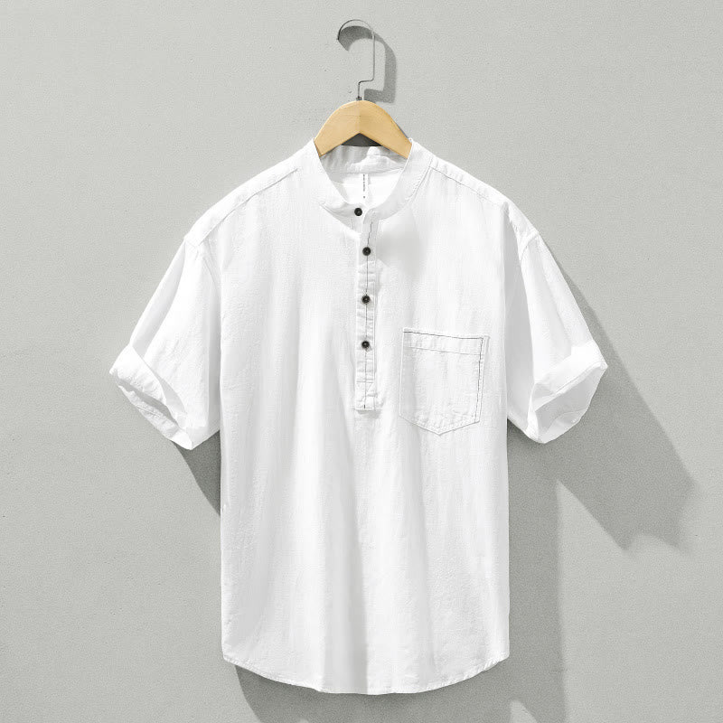 Buddha Stones Summer Solid Men's Half Button Short Sleeve Cotton Shirt