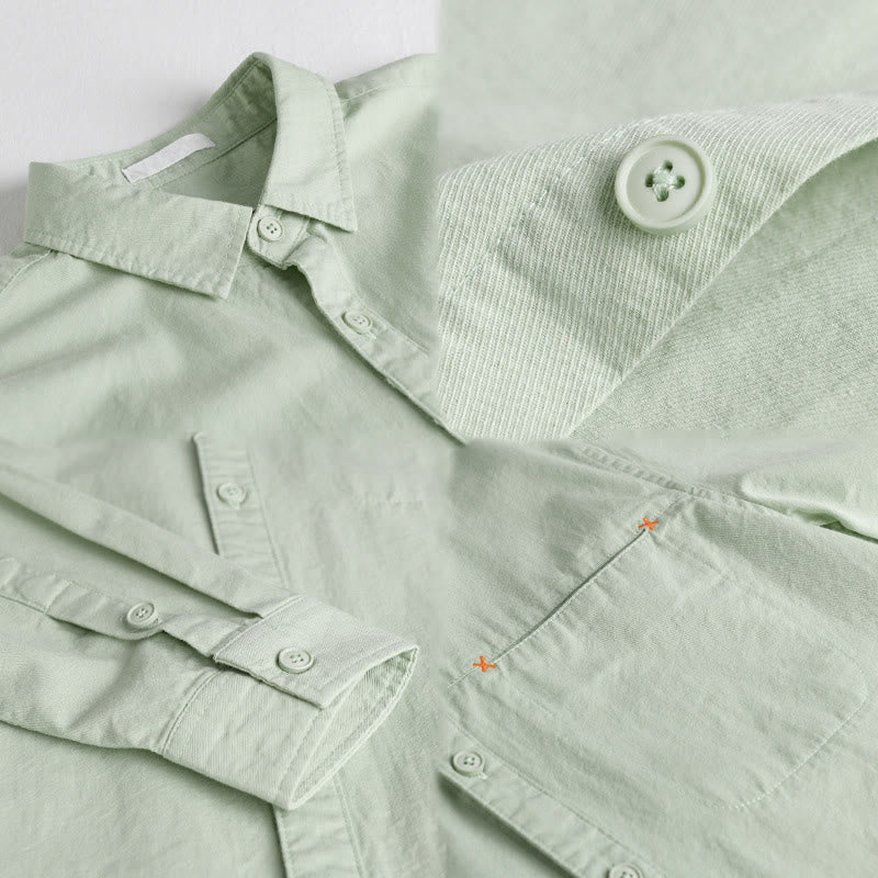 Buddha Stones Spring Solid Buttons Down Decorative Pocket Men's Stand Collar Long Sleeve Cotton Shirt