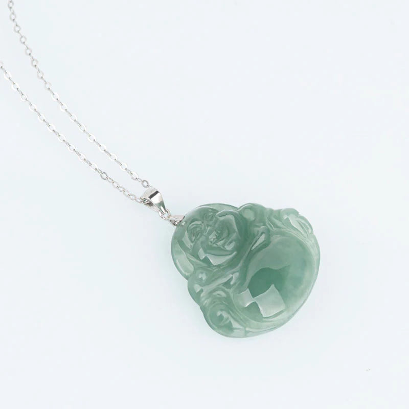 Buddha Stones Laughing Buddha Jade Protection Calm Titanium Steel Chain Necklace Pendant