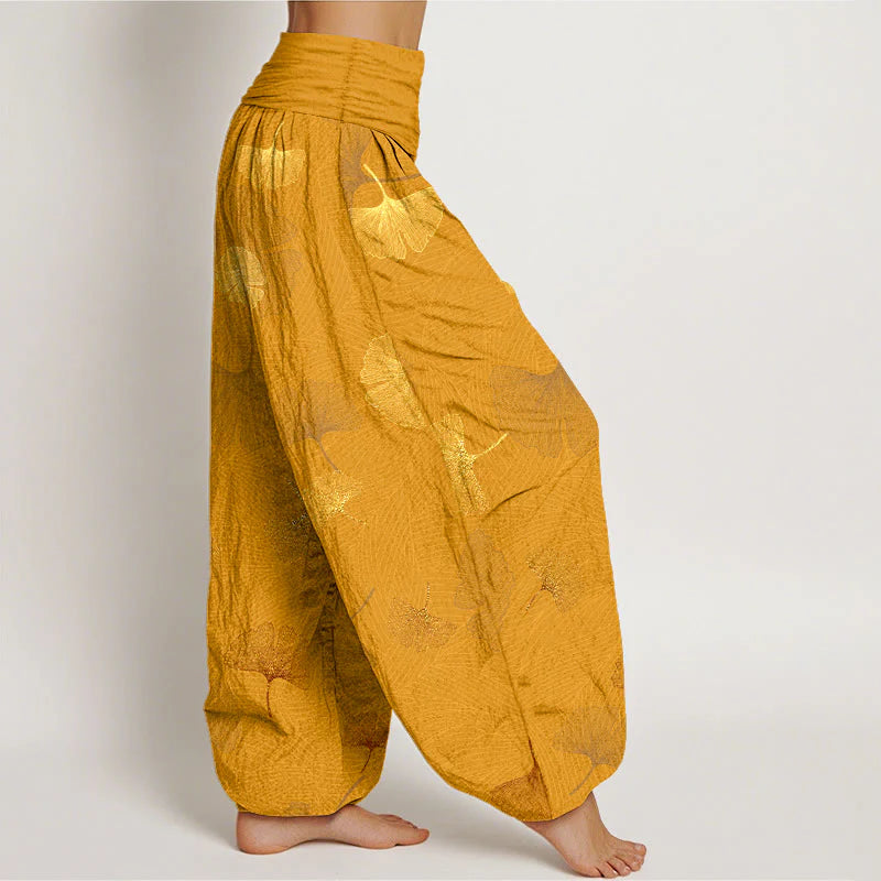 Buddha Stones Cotton Elegant Ginkgo Pattern Women's Elastic Waist Harem Pants