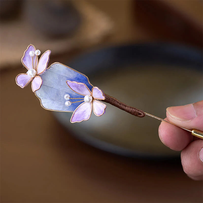Buddha Stones Handcrafted Silk Art Velvet Flower Purple Butterfly Freedom Brooch