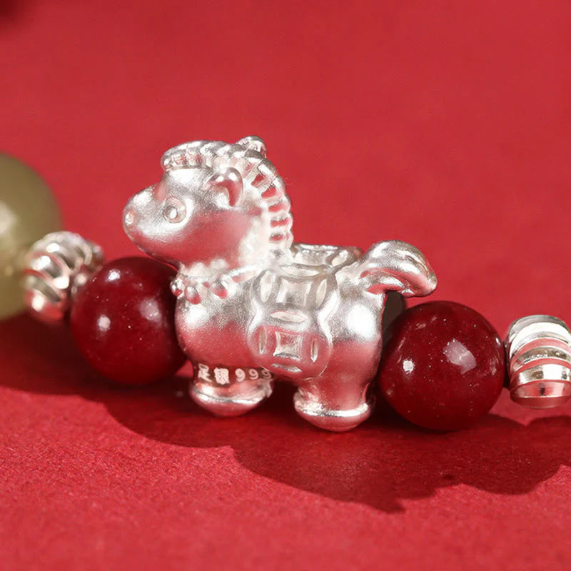 Buddha Stones Year Of The Horse Cinnabar Hetian Jade 999 Sterling Silver Red String Concentration Bracelet