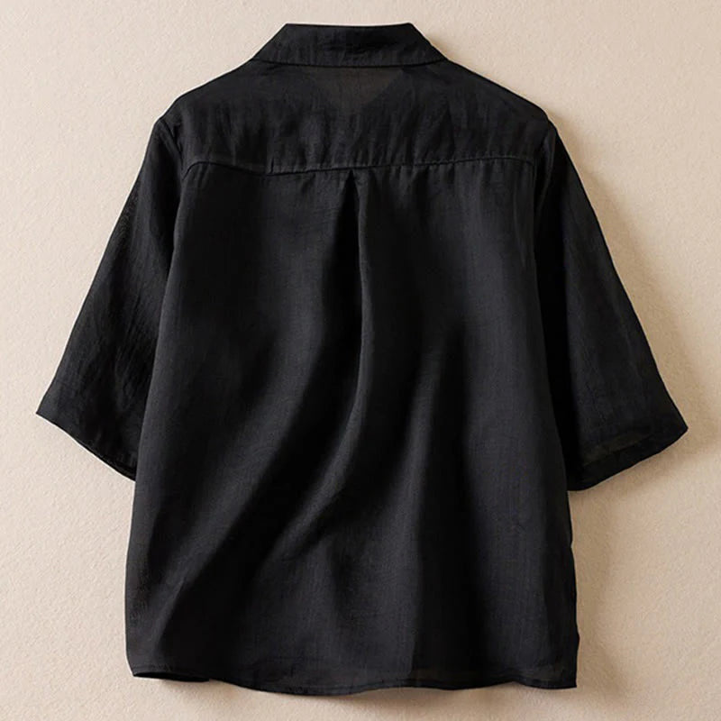 Buddha Stones Retro Plain Fake Two Pieces Button Half Sleeve Design Women's Cotton Linen Shirt