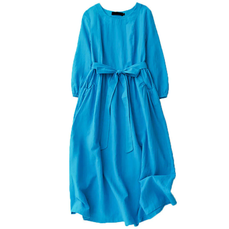 Buddha Stones Plain Long Sleeve Lace-up Desgin Women's Cotton Midi Dress With Pockets