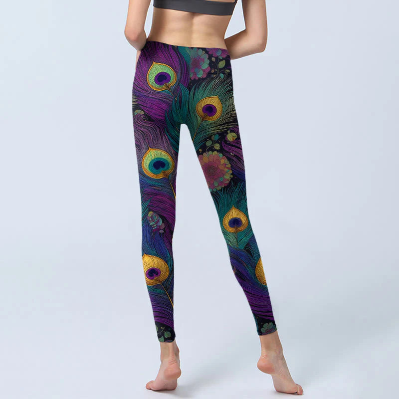 Buddha Stones Gorgeous Peacock Feather Flower Pattern Print Gym Leggings Women's Yoga Pants