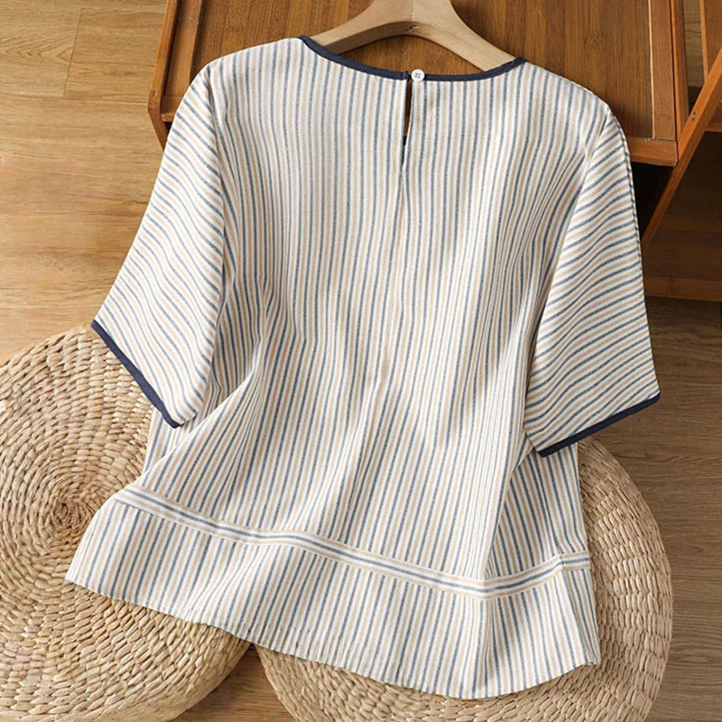 Buddha Stones Pullover Stripes Crew Neck Design Women's Cotton Short Sleeves Shirt