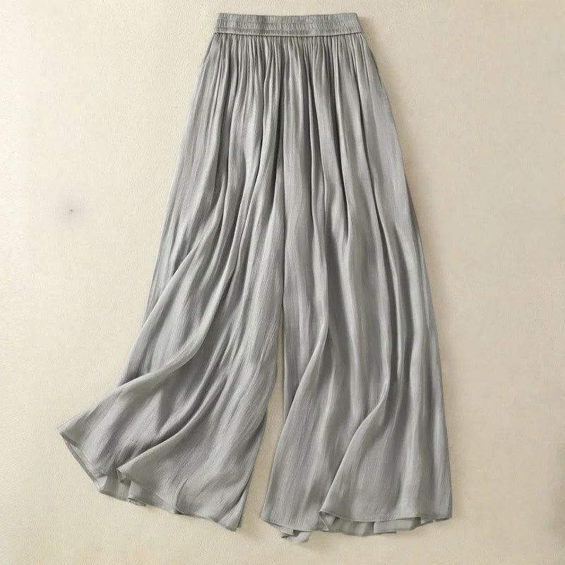 Buddha Stones Light Gray Pleated Design Elastic Waist Women's Wide Leg Pants With Pockets