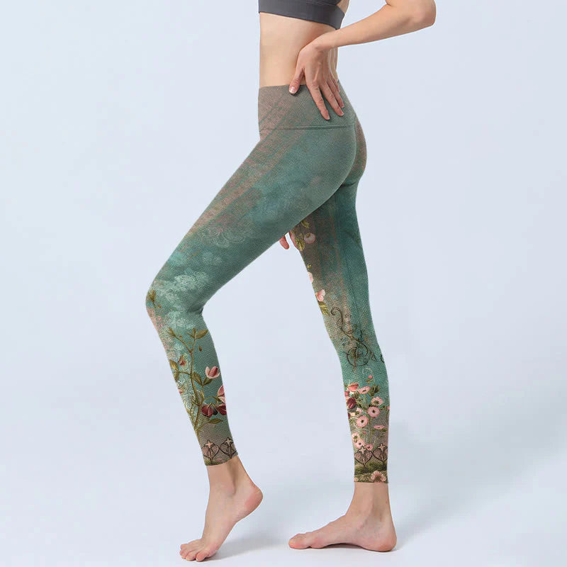 Buddha Stones Symmetrical Retro Flower Leaf Vine Fence Pattern Print Gym Leggings Women's Yoga Pants