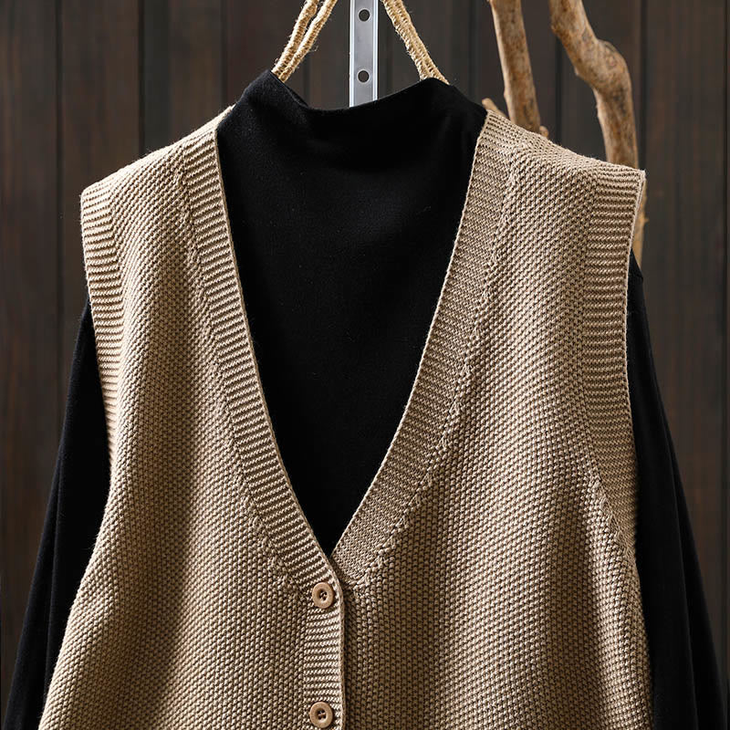 Buddha Stones Figure Rabbit Tree Embroidery Buttons Women's Sleeveless Cotton Knitted Vest Waistcoat