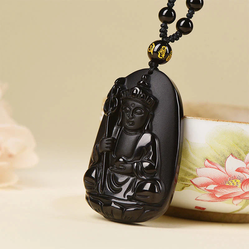 Buddha Stones Ksitigarbha Buddha Pattern Black Obsidian Fulfilment Necklace Pendant