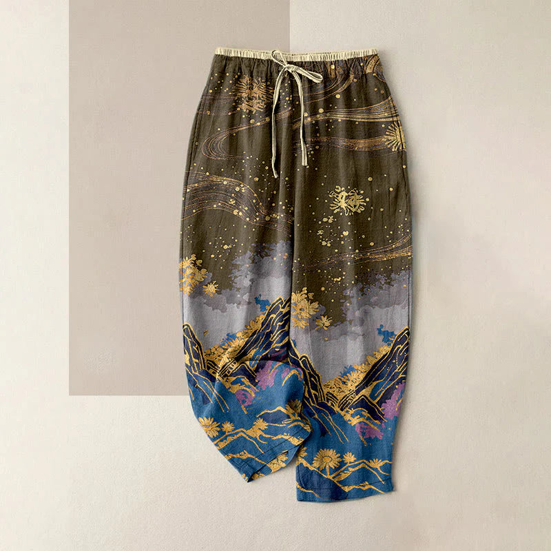Buddha Stones Pure Cotton Flower Petal Pattern Women's Elastic Waist Pants With Pockets