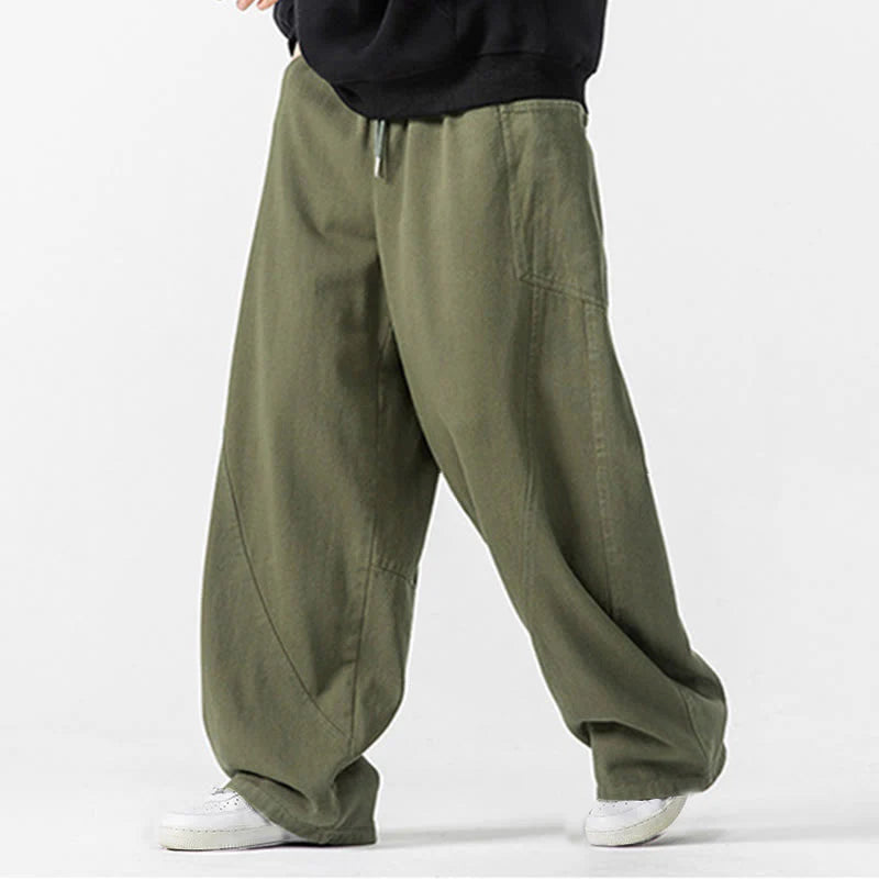 Buddha Stones Fall Pure Color Men's Wide Leg Cotton Drawstring Pants With Pockets