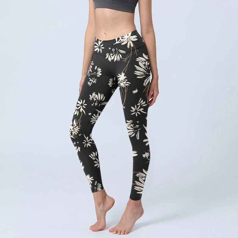 Buddha Stones Black White Petals Pattern Print Gym Leggings Women's Yoga Pants