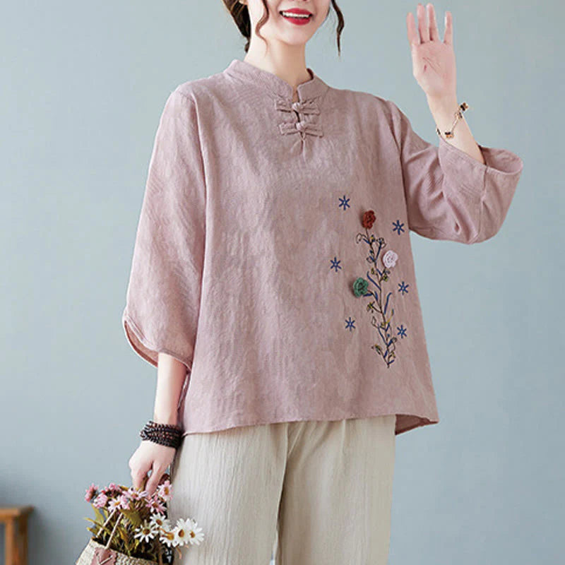 Buddha Stones Vintage Summer Stereoscopic Flower Embroidery Three Quarter Sleeve Frog-Button Cotton Linen Women's Shirt