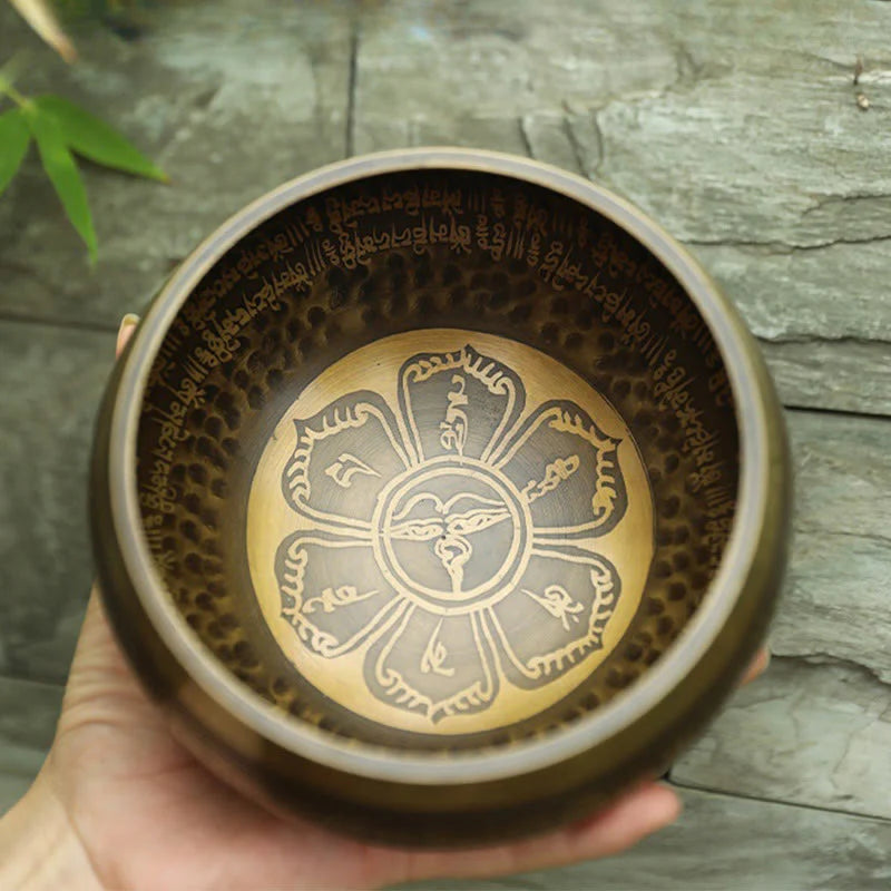 Buddha Stones Handmade Singing Bowl Scripture Sanskrit Pattern for Healing and Meditation Sound Bowl Set