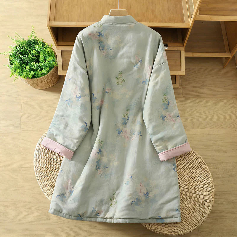 Buddha Stones Frog-button Flower Pattern Crew Neck Thickened Long Sleeve Women's Coat