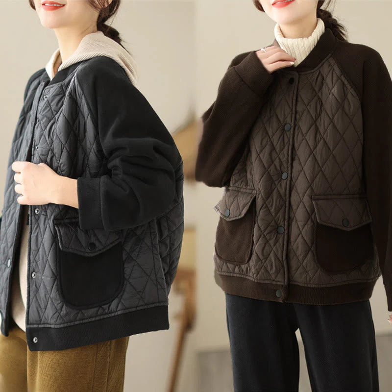 Buddha Stones Diamond Pattern Women's Long Sleeve Thickened Jacket With Pockets