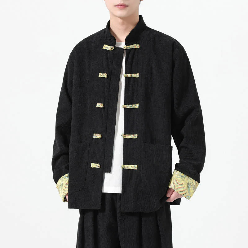 Buddha Stones Floral Design Long Sleeve Men's Cotton Corduroy Tang Suit Jacket With Pockets