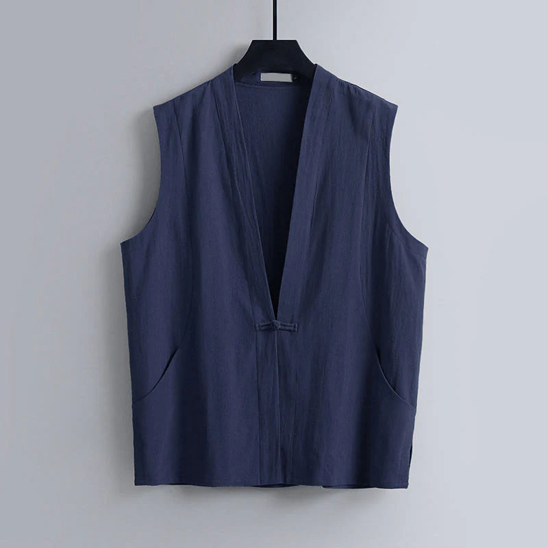 Buddha Stones Summer Solid Color V-Neck Frog-Button Sleeveless Men's Cotton Linen Vest