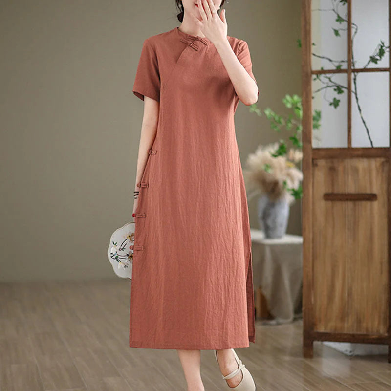Buddha Stones Summer Vintage Pure Color Chinese Frog-Button Cheongsam Qipao Midi Dress
