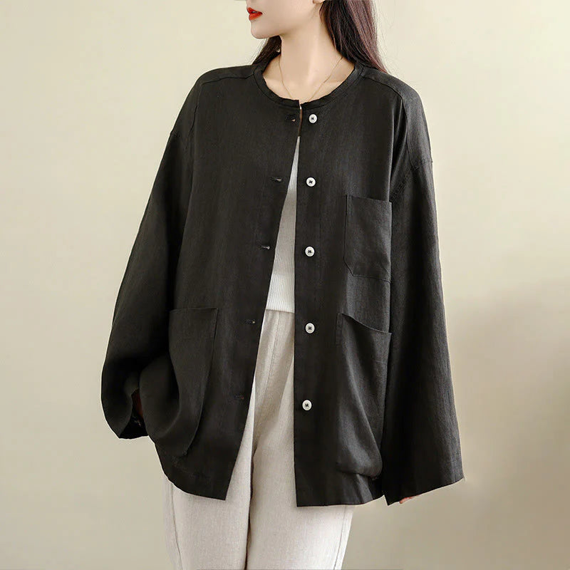 Buddha Stones Spring Crew Neck Long Sleeve Plain Women's Cotton Buttons Shirt With Pockets