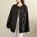 Buddha Stones Spring Crew Neck Long Sleeve Plain Women's Cotton Buttons Shirt With Pockets