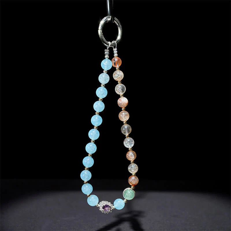 Buddha Stones 8mm Blue Chalcedony Super Seven Crystal Energy Key Chain Phone Hanging Decoration