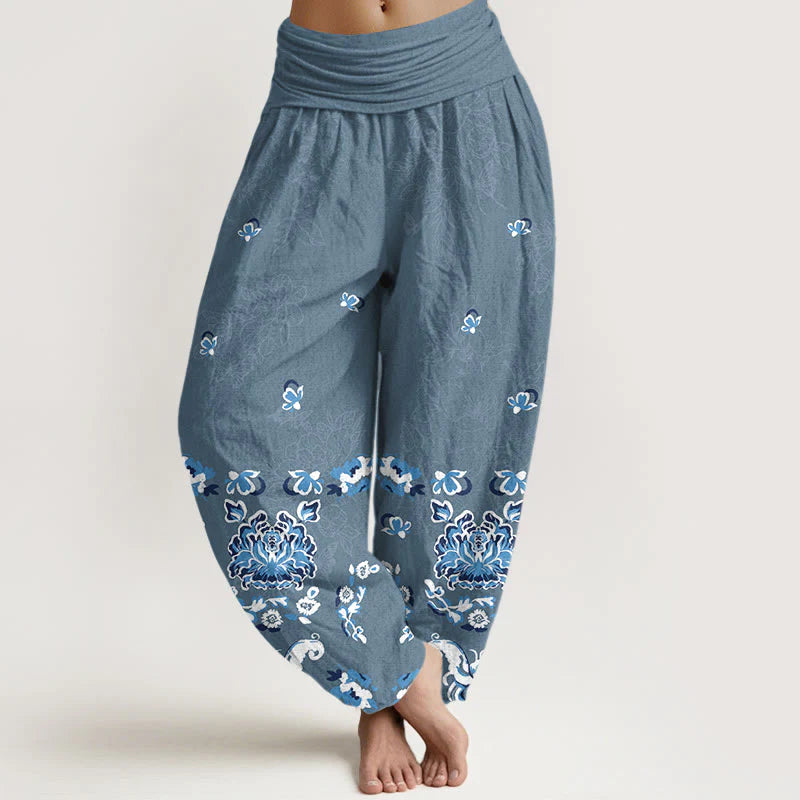 Buddha Stones Pure Cotton Elegant Classic Flower Butterfly Pattern Women's Elastic Waist Harem Pants