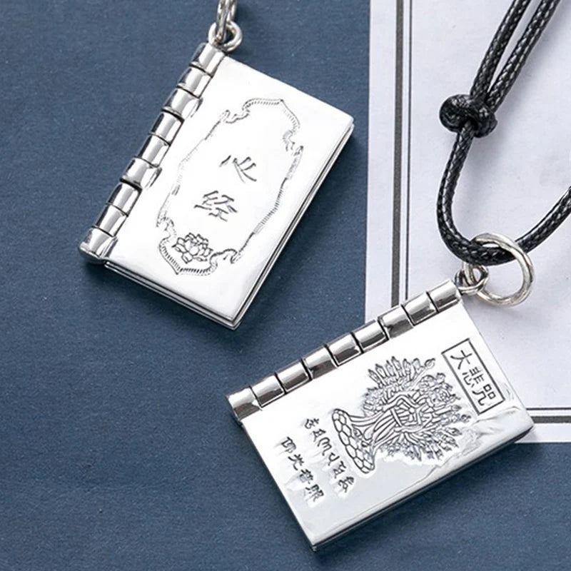 Buddha Stones 990 Sterling Silver Heart Sutra Great Compassion Shurangama Mantra Lotus Vajra Peace Necklace Pendant