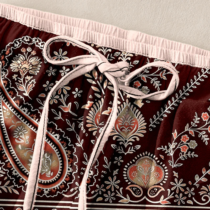 Buddha Stones Pure Cotton Paisley Lotus Pattern Women's Elastic Waist Pants With Pockets