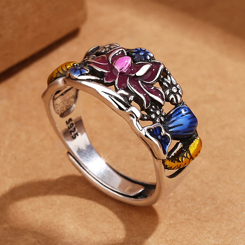 Buddha Stones Koi Fish Lotus Flower Leaf Design Luck Wealth Ring