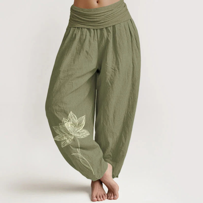 Buddha Stones Pure Cotton Elegant Lotus Flower Pattern Women's Elastic Waist Harem Pants
