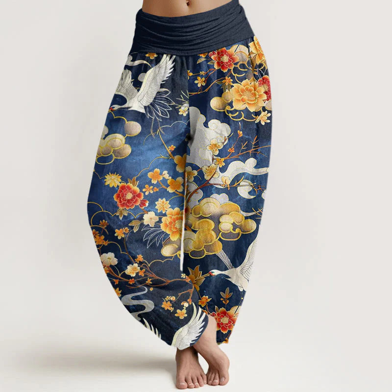 Buddha Stones Cotton Auspicious Clouds White Cranes Red Flowers Pattern Design Women's Elastic Waist Harem Pants