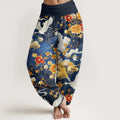 Buddha Stones Cotton Auspicious Clouds White Cranes Red Flowers Pattern Design Women's Elastic Waist Harem Pants
